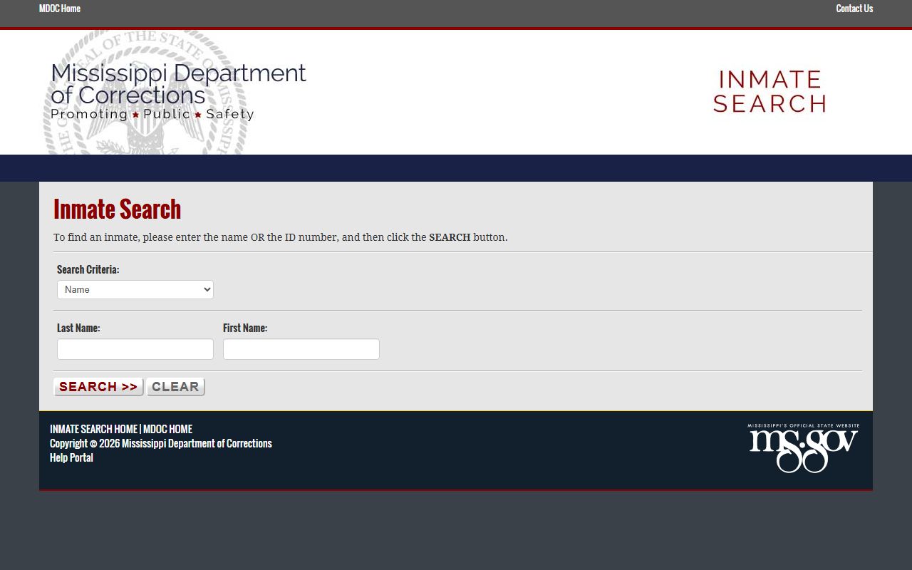 MS.gov MDOC inmate search fields for Clay County sentenced inmate lookup