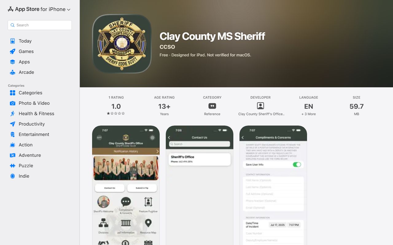Clay County MS Sheriff app listing for public safety information and tips